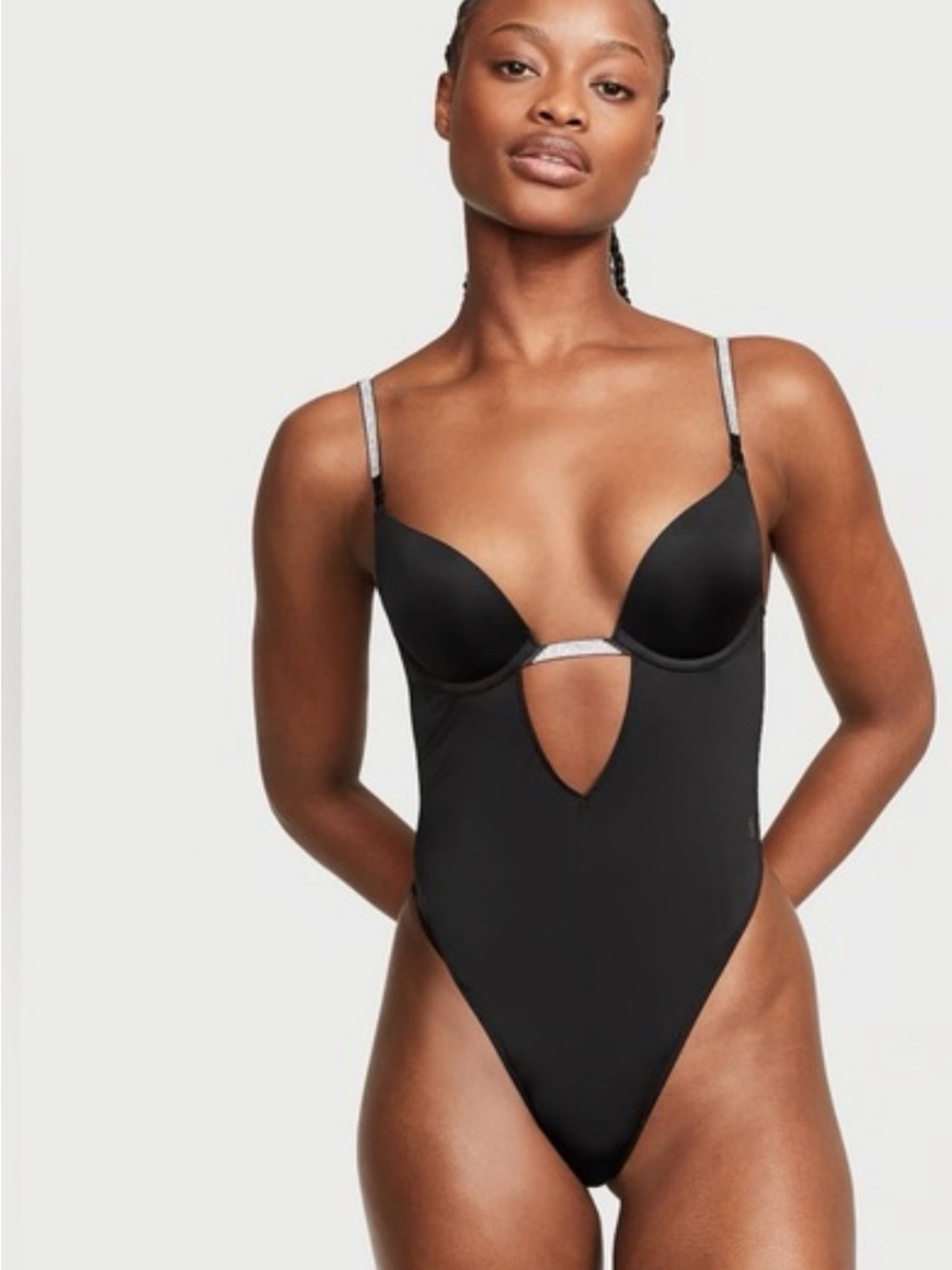 Victoria's Secret Black Plunge Bodysuit with Silver Metallic Straps